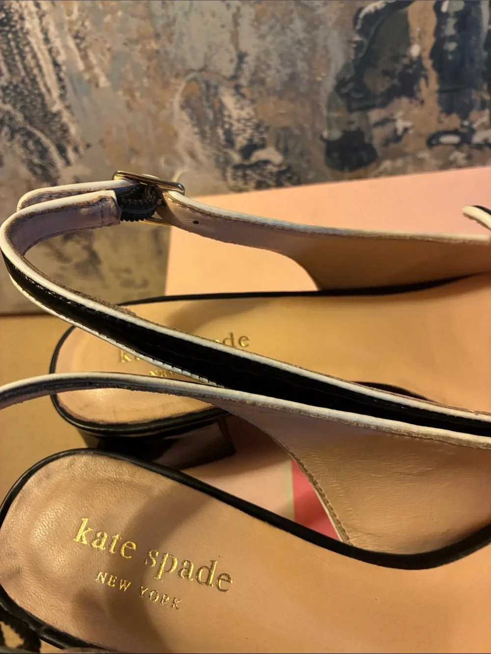 EUC !Kate Spade  Black Patent Leather Slingback Sabina Loafers w/ Gold Size 7M